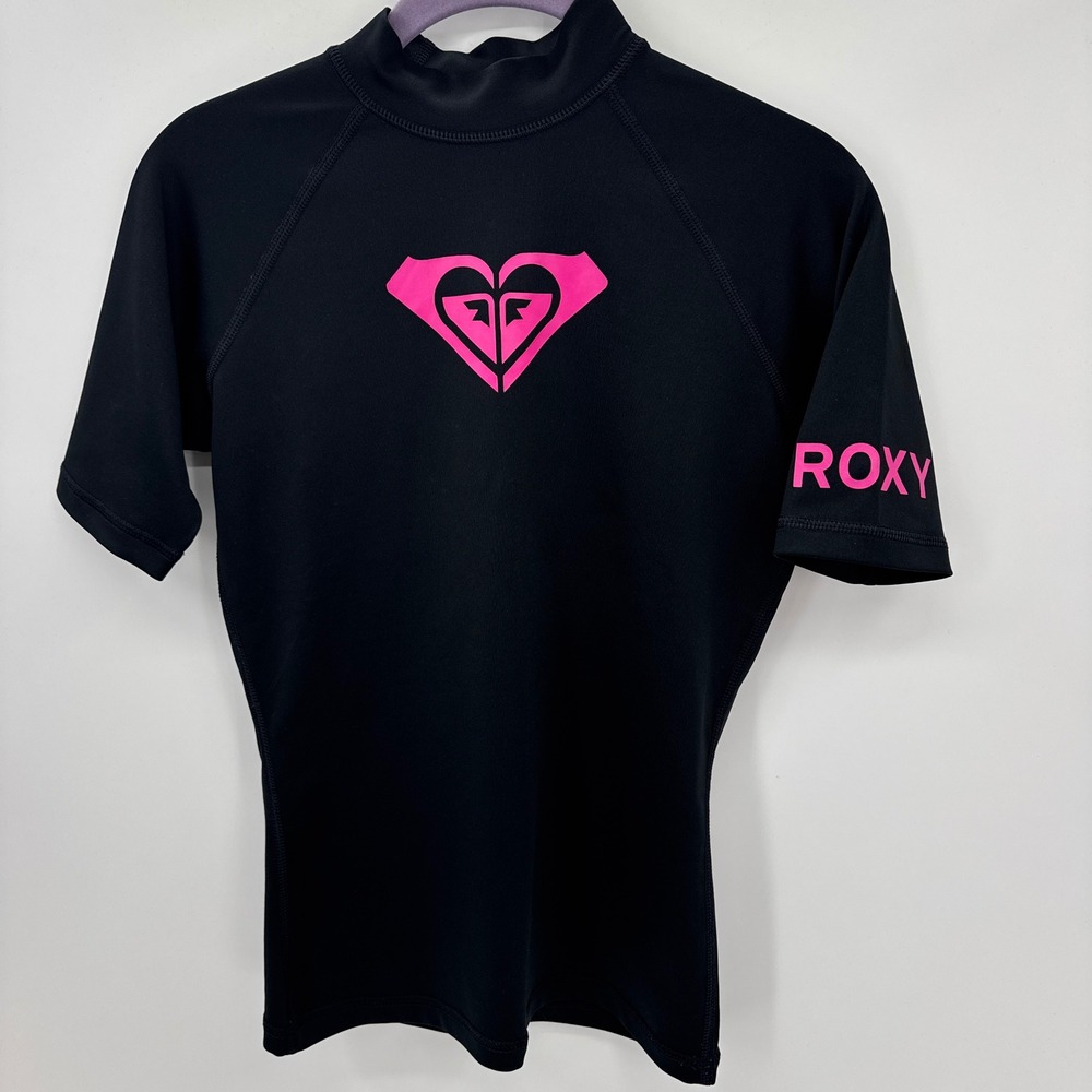 Roxy Rash Guard Swim Shirt Womens Black Pink Heart Graphic Stretch Mock Neck